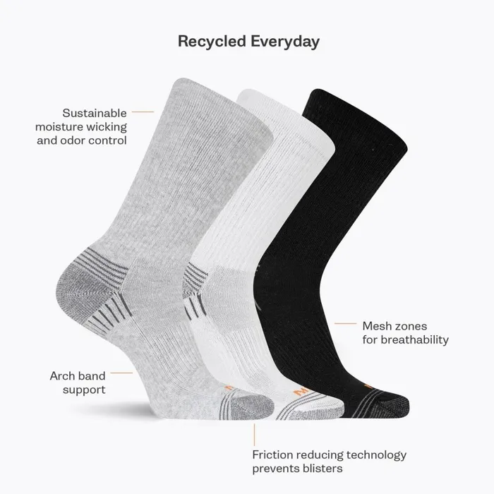 Merrell Accessories MenWomen Recycled Everyday Crew Sock 3 Pack Black