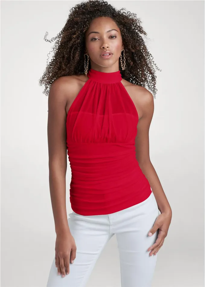 MESH MOCK NECK TOP Red Women VENUS Night Out Tops