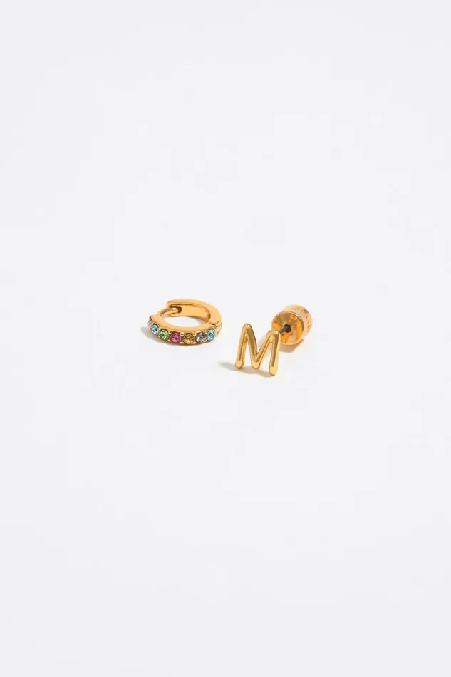Multicolor Crystal Mini Hoop And Letter M Earrings Gold Women Bimba Y Lola Alphabet Multicolor Crystal Mini Hoop And Letter M Earrings Gold Women Bimba Y Lola Alphabet