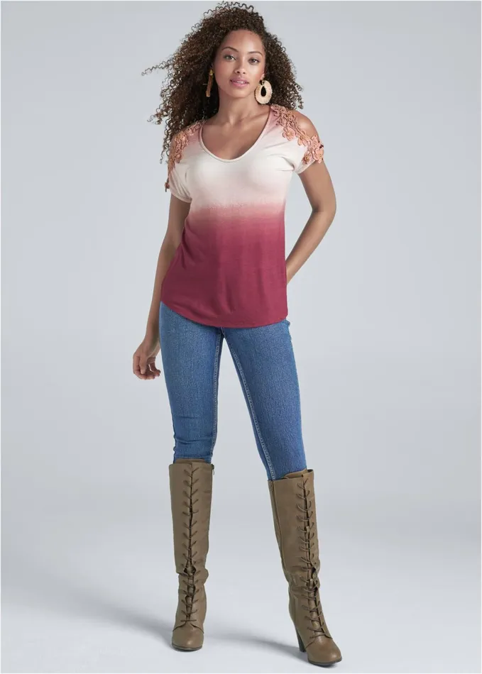 Ombre Coldshoulder Top Wine Multi Women VENUS Casual Tops