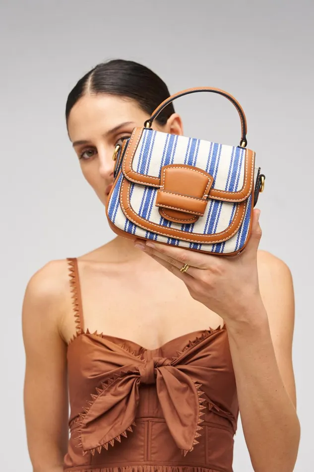 Oroton Carter Canvas Mini Day Bag Natural Blue Stripe Women Mini Bags