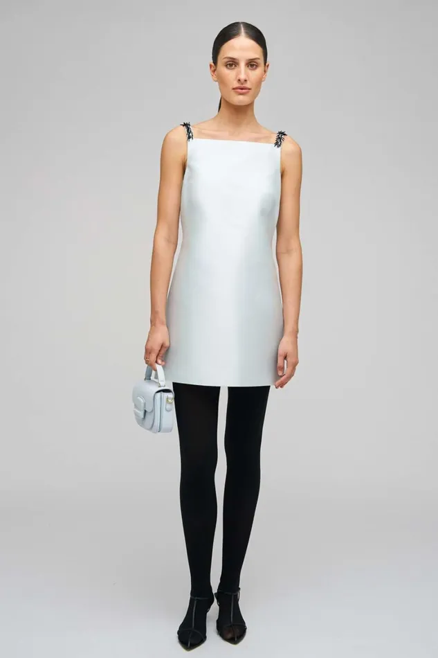 Oroton Embellished Mini Dress Pale Blue Women Dresses Oroton Embellished Mini Dress Pale Blue Women Dresses