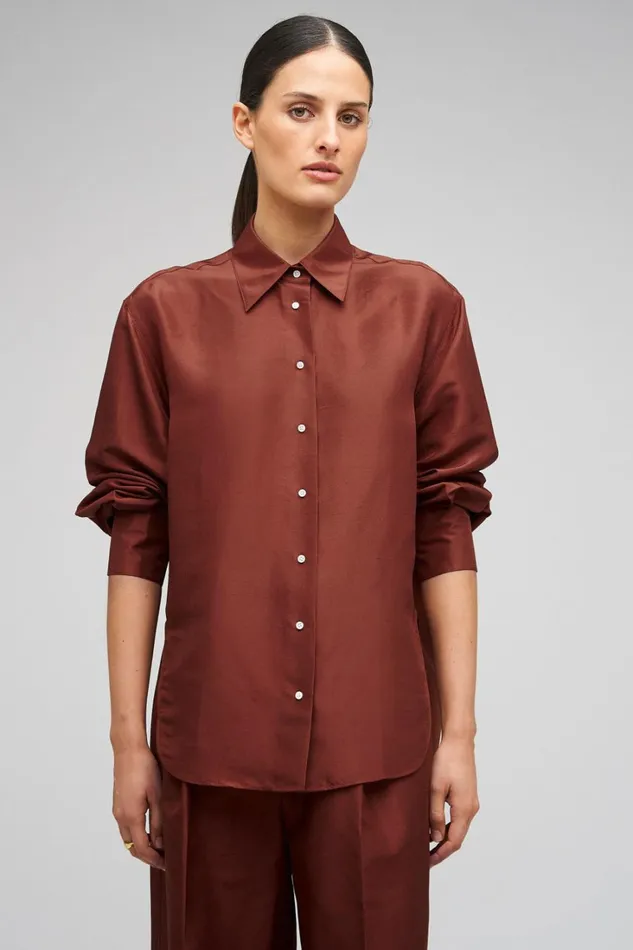 Oroton Ls Silk Shirt Barn Red Women Tops Oroton Ls Silk Shirt Barn Red Women Tops