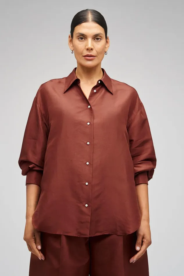 Oroton Ls Silk Shirt Barn Red Women Tops Oroton Ls Silk Shirt Barn Red Women Tops
