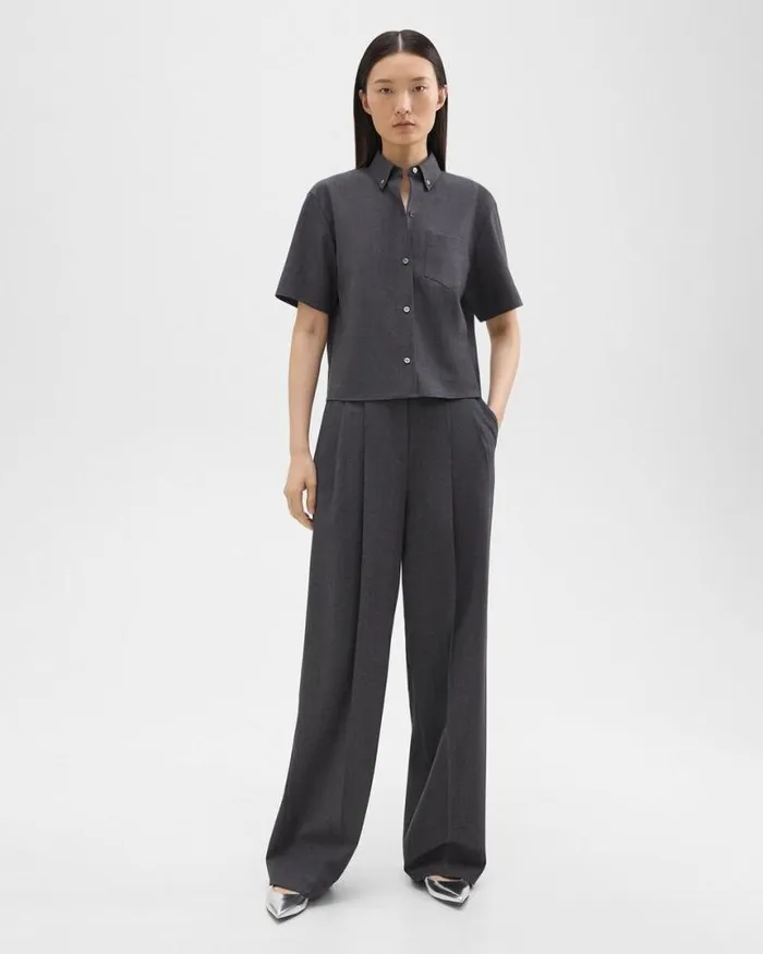Pants Women Theory Double Pleat Pant In Good Wool Charcoal Melange