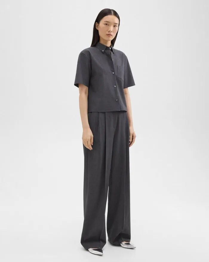 Pants Women Theory Double Pleat Pant In Good Wool Charcoal Melange