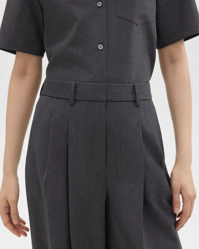 Pants Women Theory Double Pleat Pant In Good Wool Charcoal Melange