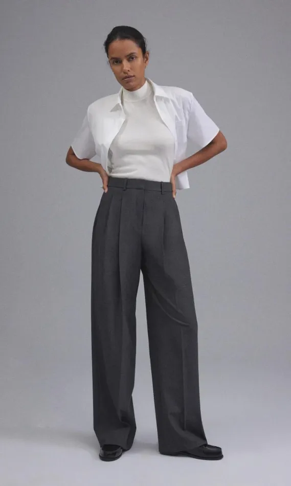Pants Women Theory Double Pleat Pant In Good Wool Charcoal Melange