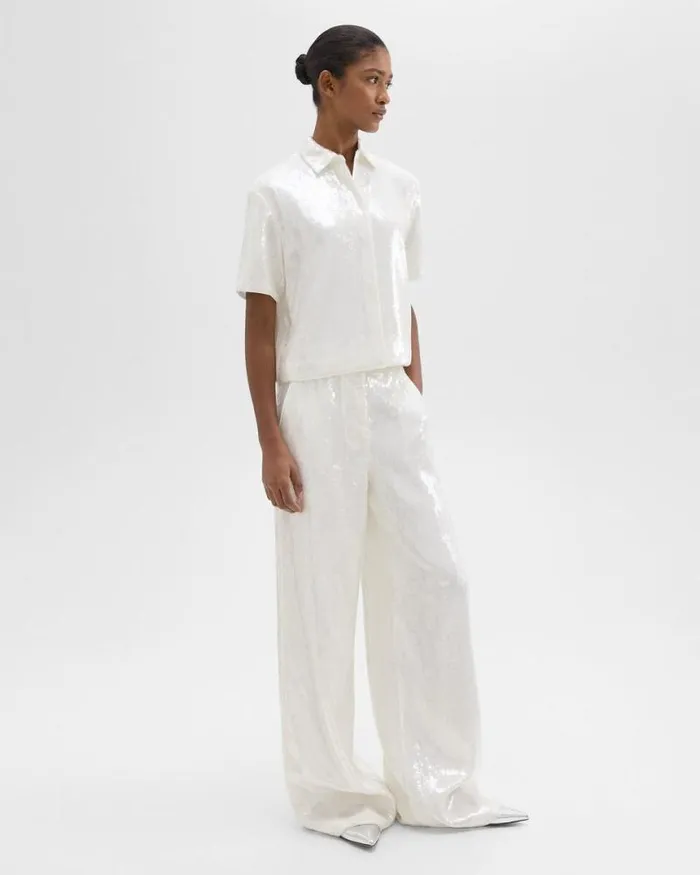 Pants Women Theory HighWaist WideLeg Pant In Recycled Sequins White Pants Women Theory HighWaist WideLeg Pant In Recycled Sequins White