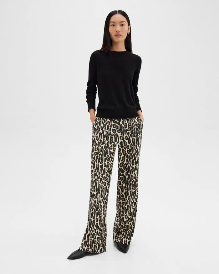 Pants Women Theory Relaxed Straight Pant In Stretch Leopard Wool Beige Multi