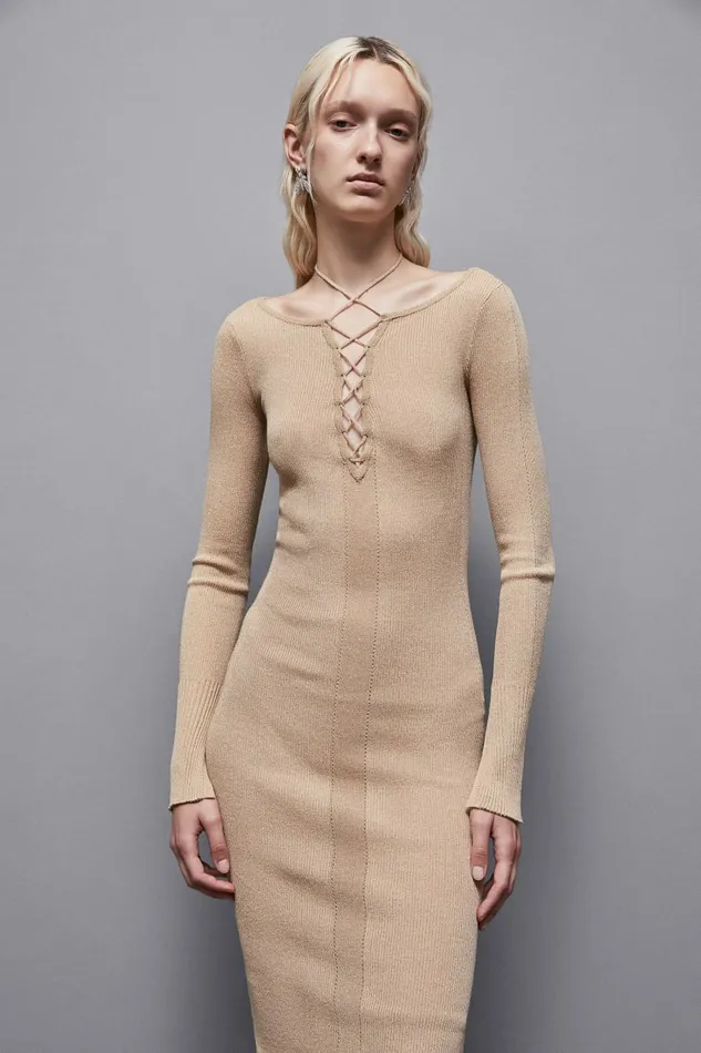 Patrizia Pepe Dresses Essential Lurex Ribbed Dress Beige 8211 Women