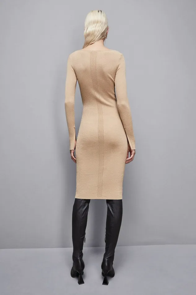 Patrizia Pepe Dresses Essential Lurex Ribbed Dress Beige 8211 Women