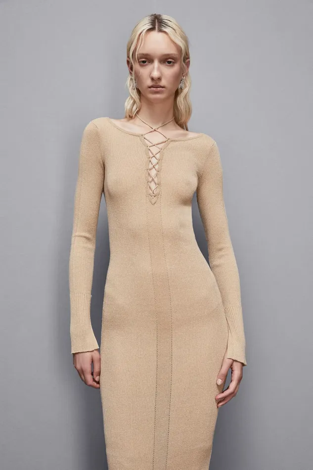 Patrizia Pepe Dresses Essential Lurex Ribbed Dress Beige 8211 Women