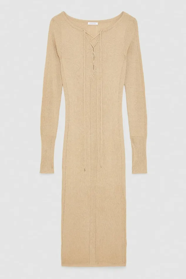 Patrizia Pepe Dresses Essential Lurex Ribbed Dress Beige 8211 Women