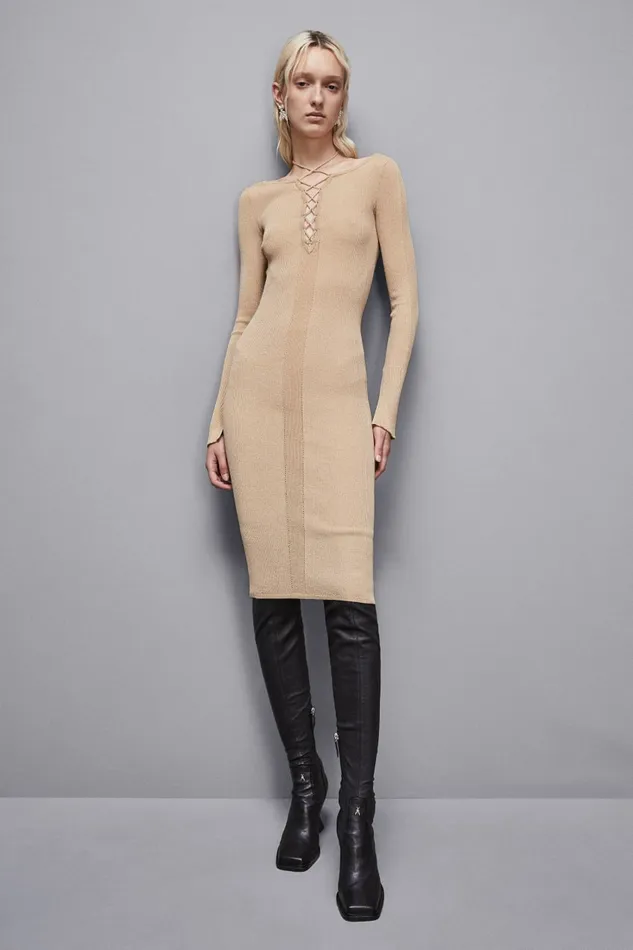 Patrizia Pepe Dresses Essential Lurex Ribbed Dress Beige 8211 Women