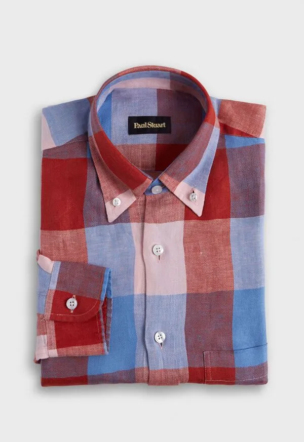 Paulstuart Sport Shirts Mens Linen Buffalo Check Sport Shirt RedLT Blue