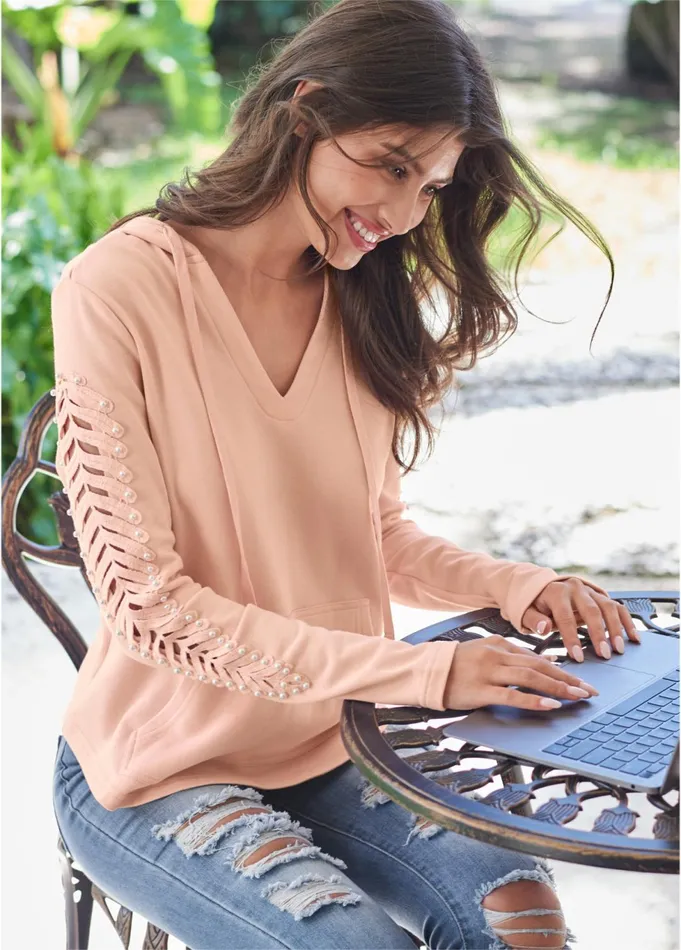 Pearl Cutout Sleeve Hoodie Pink Women VENUS Sweatshirts and Hoodies