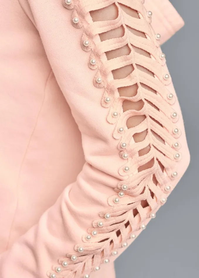 Pearl Cutout Sleeve Hoodie Pink Women VENUS Sweatshirts and Hoodies