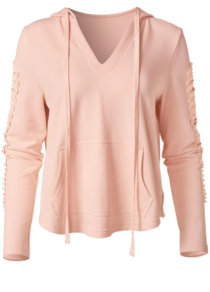 Pearl Cutout Sleeve Hoodie Pink Women VENUS Sweatshirts and Hoodies