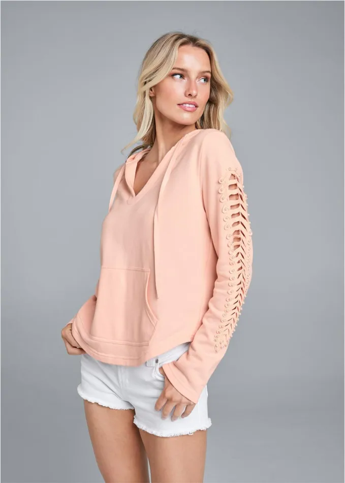 Pearl Cutout Sleeve Hoodie Pink Women VENUS Sweatshirts and Hoodies