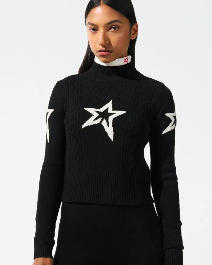 Perfect Moment Cable Merino Wool Sweater Black Women Tops
