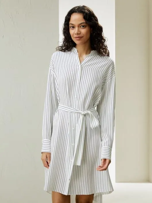 Pinstriped Silk Shirtdress With Shell Buttons Women Jumpsuits Lilysilk Dresses