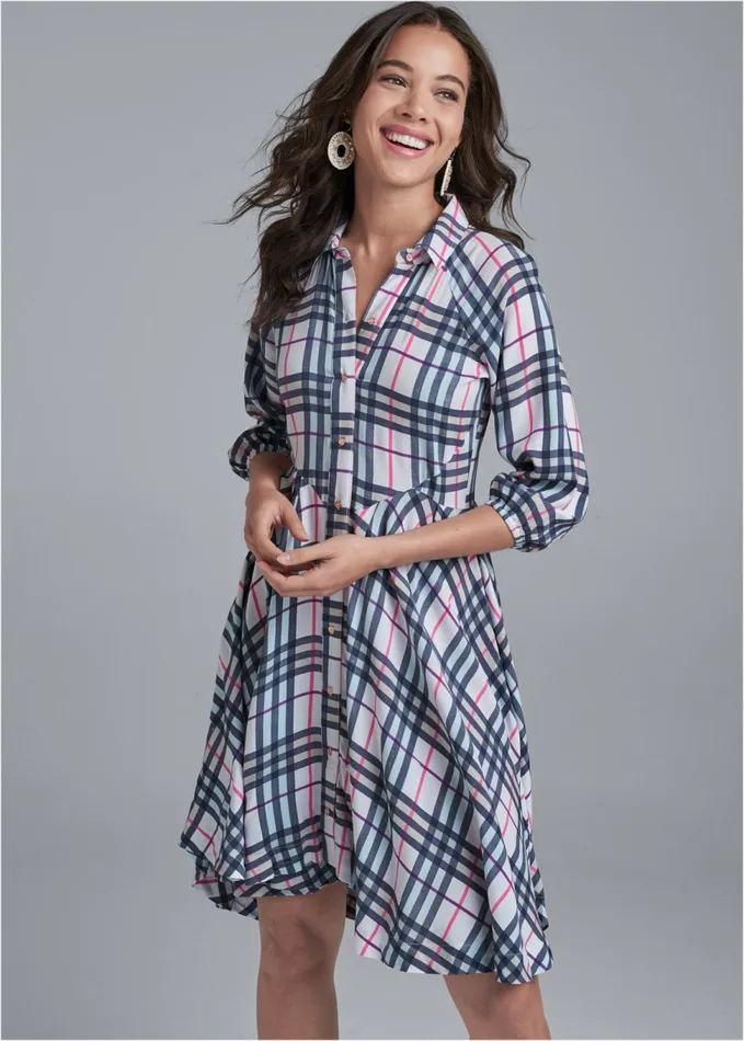 Plaid ButtonDown Dress White Multi Women VENUS Sundresses