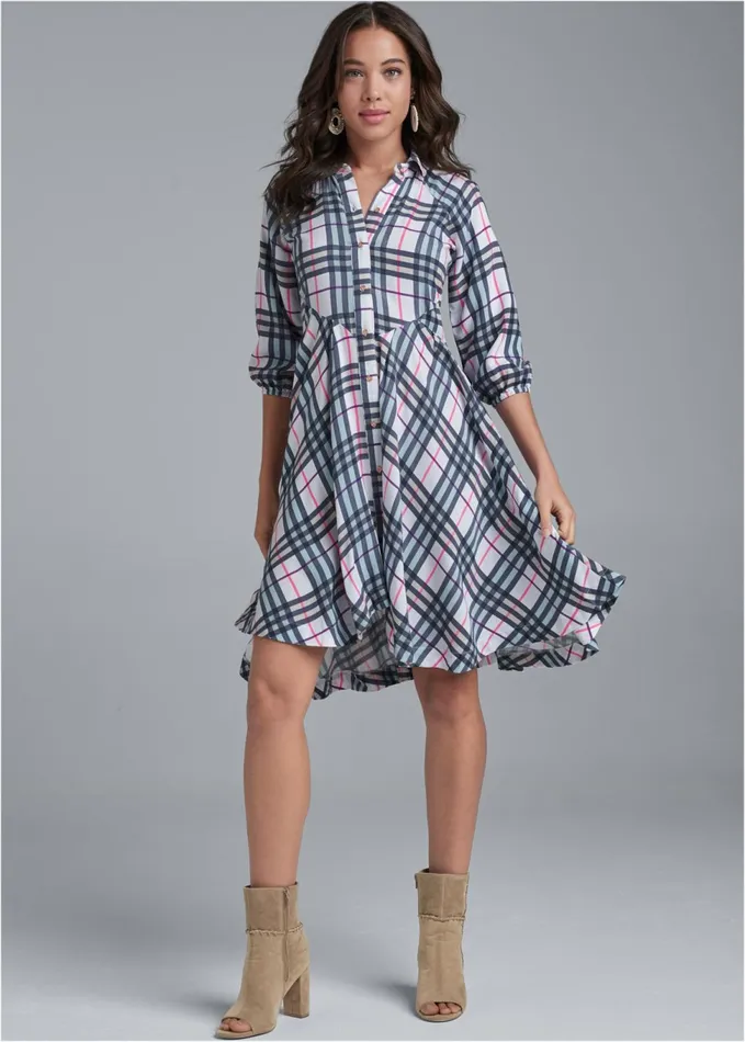 Plaid ButtonDown Dress White Multi Women VENUS Sundresses