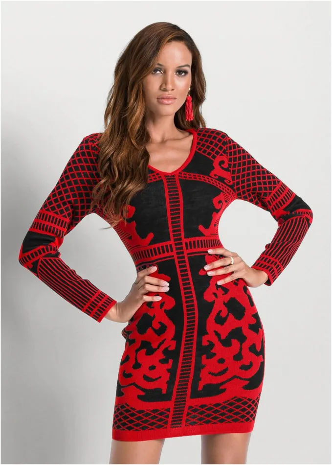 PRINTED SWEATER DRESS Black and Red Women VENUS Short Dresses