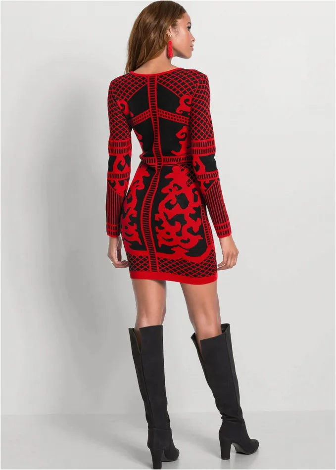 PRINTED SWEATER DRESS Black and Red Women VENUS Short Dresses