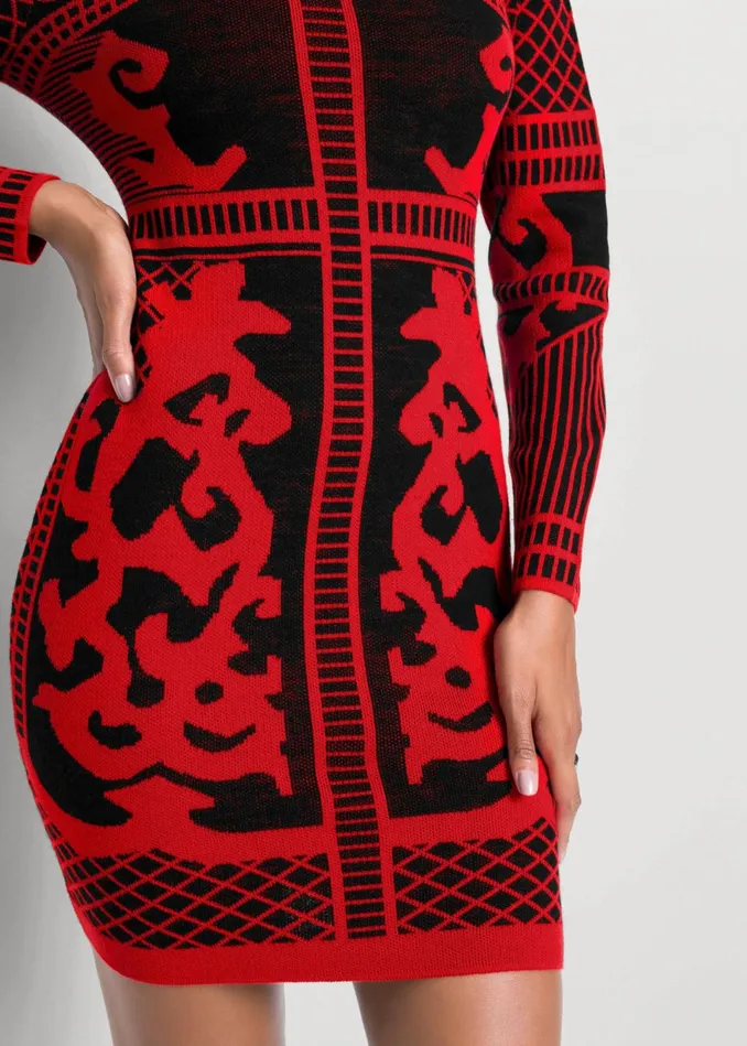PRINTED SWEATER DRESS Black and Red Women VENUS Short Dresses