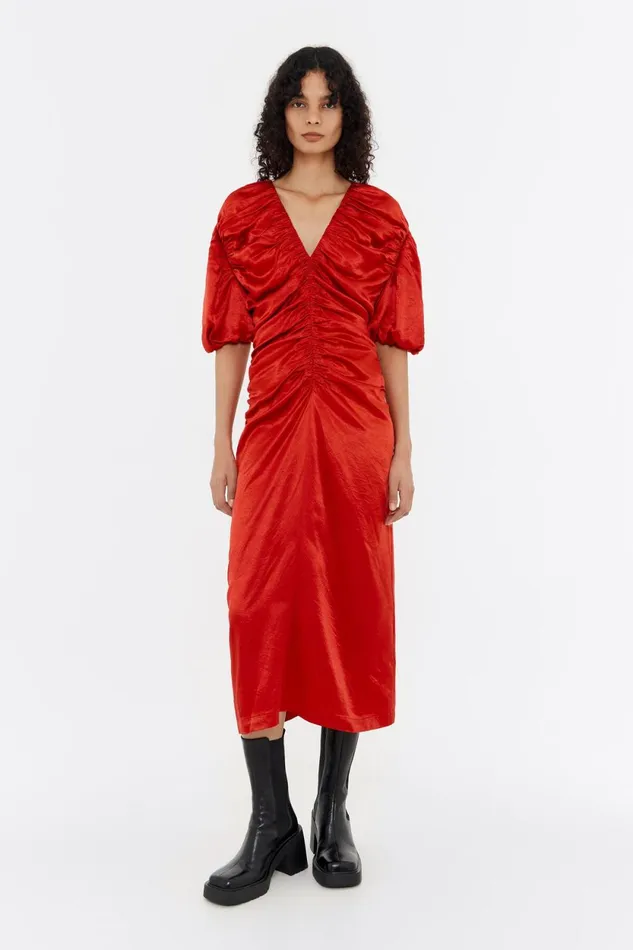 Red Ruched Midi Dress Red Women Bimba Y Lola Dresses And Jumpsuits
