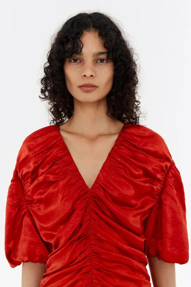 Red Ruched Midi Dress Red Women Bimba Y Lola Dresses And Jumpsuits Red Ruched Midi Dress Red Women Bimba Y Lola Dresses And Jumpsuits