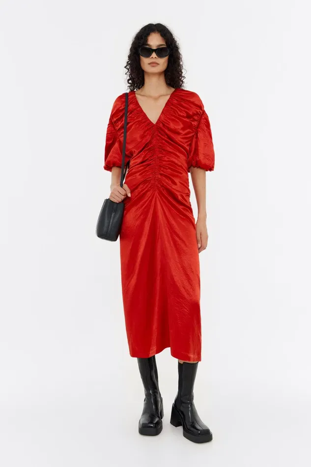 Red Ruched Midi Dress Red Women Bimba Y Lola Dresses And Jumpsuits Red Ruched Midi Dress Red Women Bimba Y Lola Dresses And Jumpsuits
