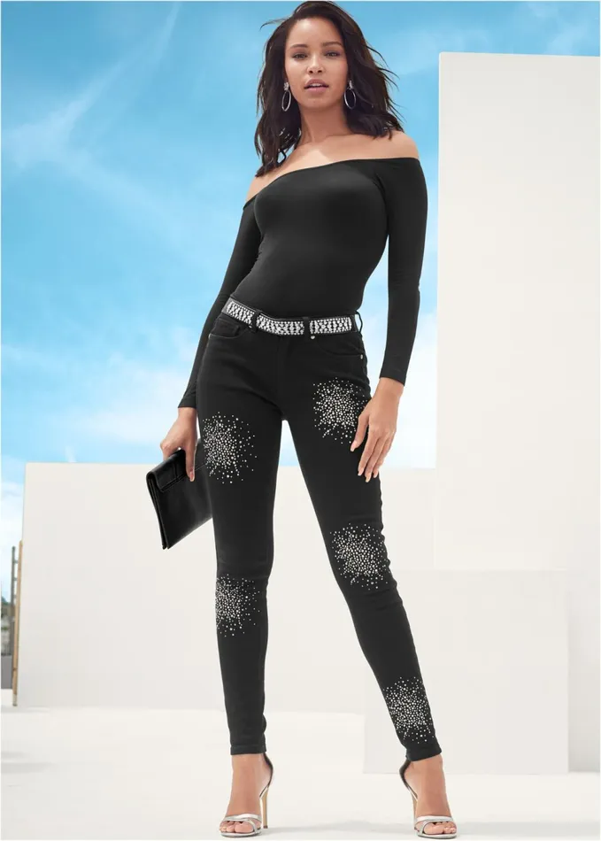 RHINESTONE DETAIL JEANS Black Denim Women VENUS Novelty Jeans