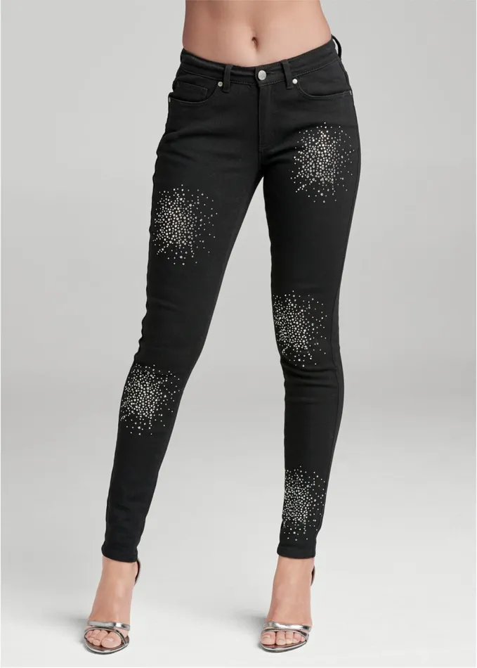 RHINESTONE DETAIL JEANS Black Denim Women VENUS Novelty Jeans