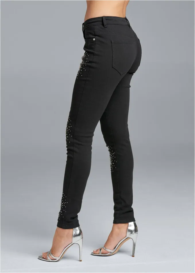 RHINESTONE DETAIL JEANS Black Denim Women VENUS Novelty Jeans