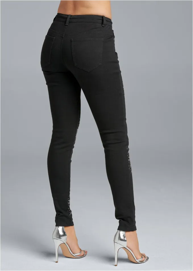 RHINESTONE DETAIL JEANS Black Denim Women VENUS Novelty Jeans