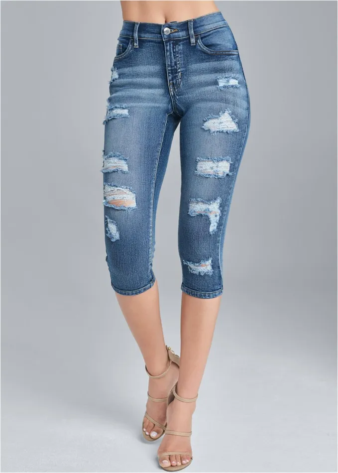 RIPPED CAPRI JEANS Medium Wash Women VENUS Casual