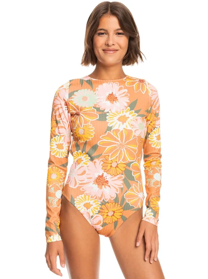 Roxy Rashguards Roxy Love Long Sleeve One Piece Rashguard Toasted Nut Bloom Boogie S 8211 Women