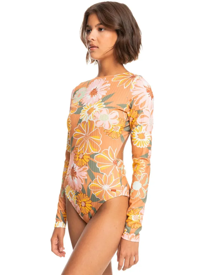 Roxy Rashguards Roxy Love Long Sleeve One Piece Rashguard Toasted Nut Bloom Boogie S 8211 Women