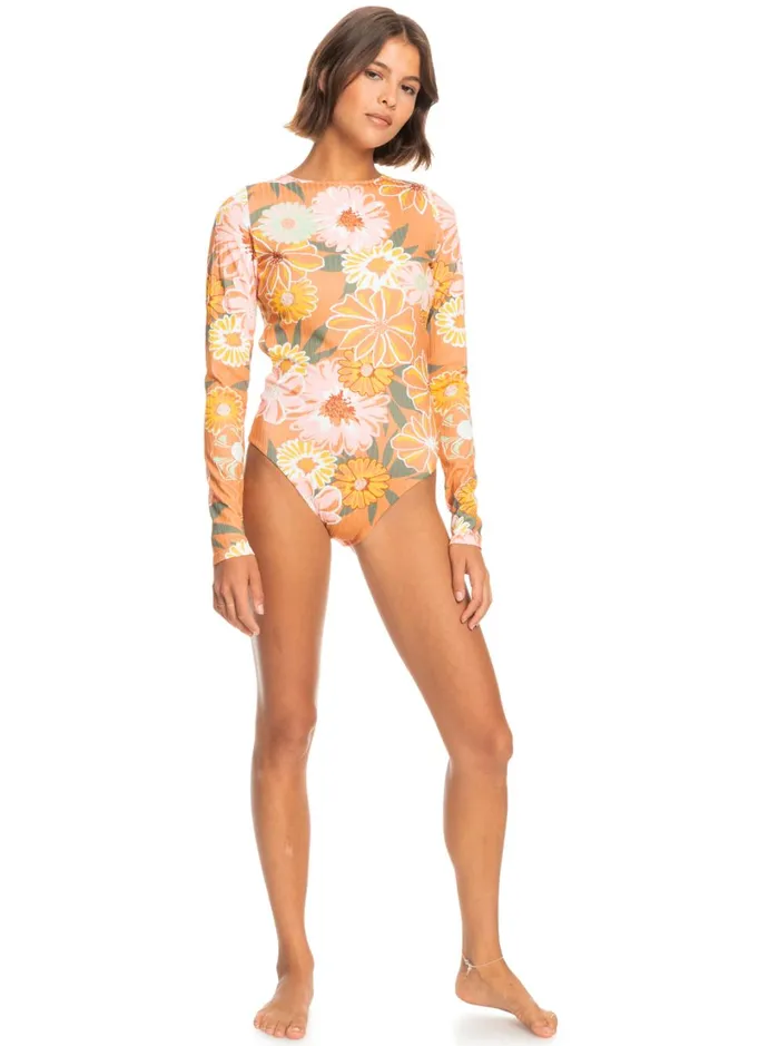 Roxy Rashguards Roxy Love Long Sleeve One Piece Rashguard Toasted Nut Bloom Boogie S 8211 Women