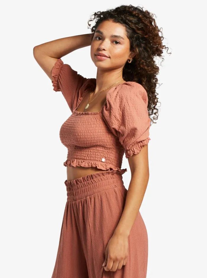Roxy Tops Sunset Walks Puff Sleeve Crop Top Cedar Wood 8211 Women