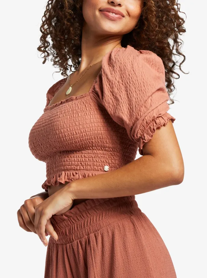 Roxy Tops Sunset Walks Puff Sleeve Crop Top Cedar Wood 8211 Women