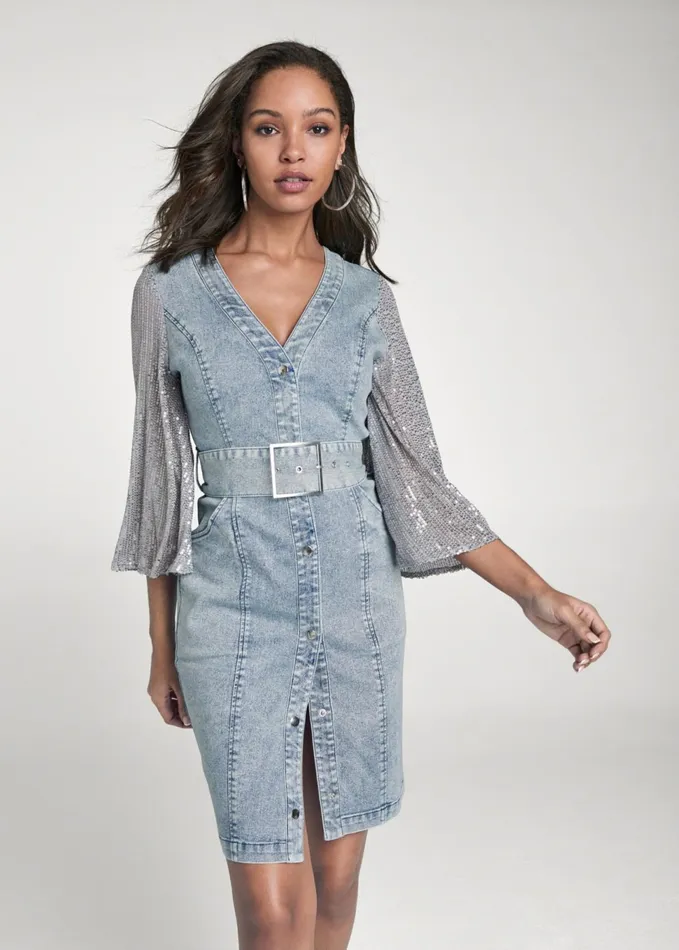 SEQUIN SLEEVE DENIM DRESS Medium Wash Women VENUS Sundresses