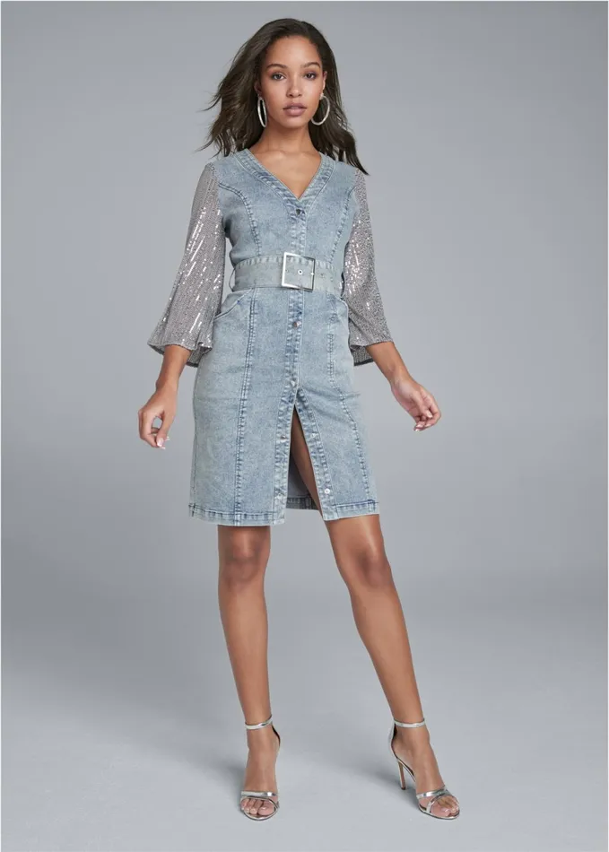 SEQUIN SLEEVE DENIM DRESS Medium Wash Women VENUS Sundresses