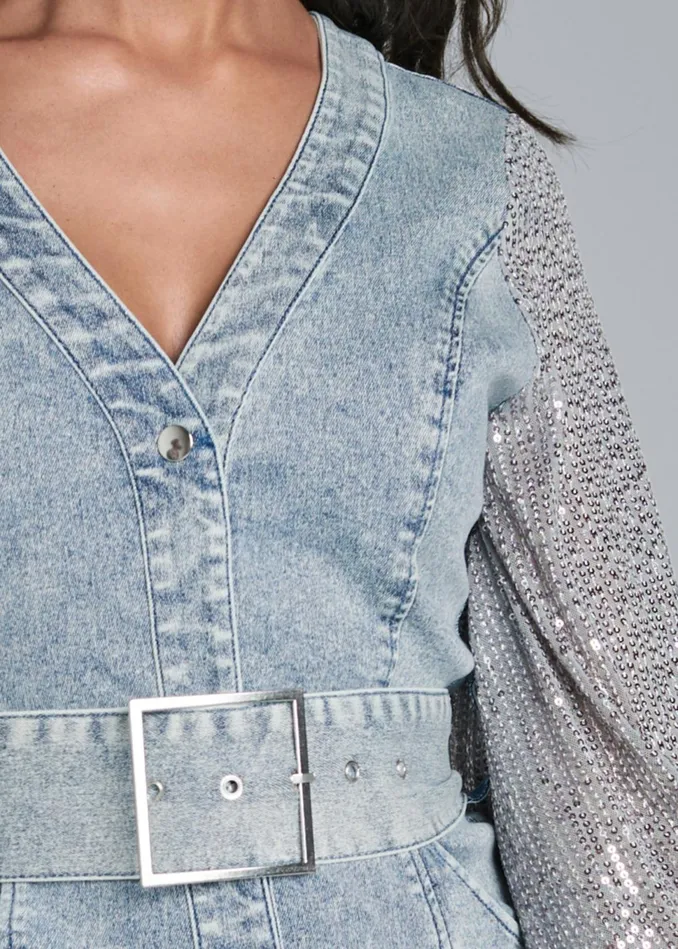 SEQUIN SLEEVE DENIM DRESS Medium Wash Women VENUS Sundresses