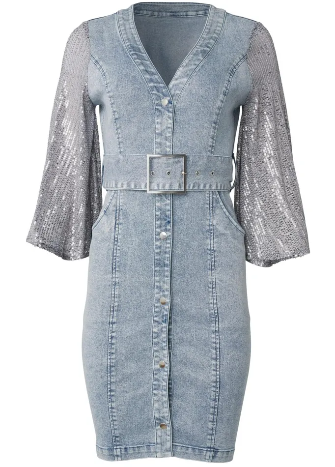 SEQUIN SLEEVE DENIM DRESS Medium Wash Women VENUS Sundresses