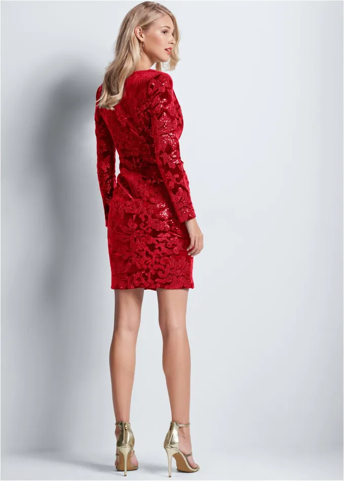 SEQUIN VELVET DETAIL DRESS Red Women VENUS Midi Dresses