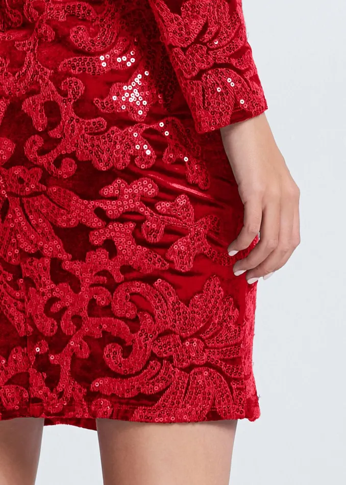 SEQUIN VELVET DETAIL DRESS Red Women VENUS Midi Dresses